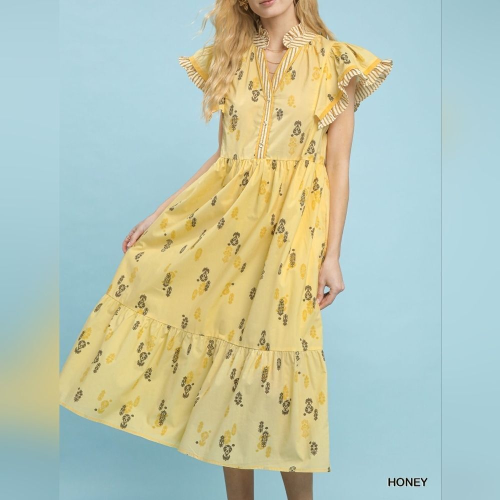 Umgee Floral Ruffle Sleeve Tiered Midi Yellow Bohemian Spring Dress Sz Small